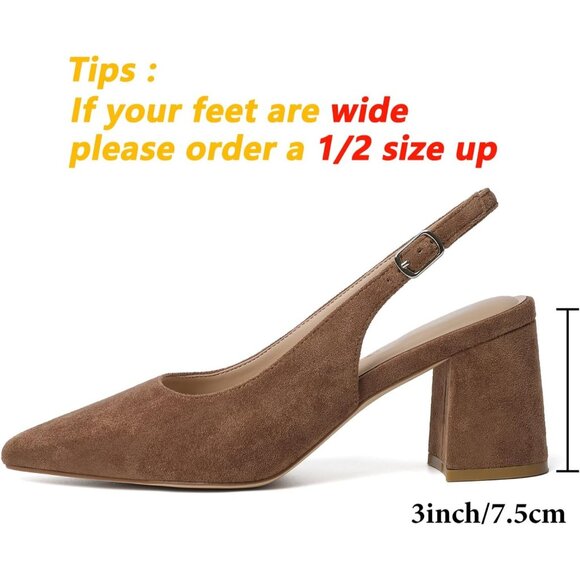Women's Brown 1 Pointed Closed Toe Slingback Chunky Heels Office Work Pump Shoes - Picture 5 of 9